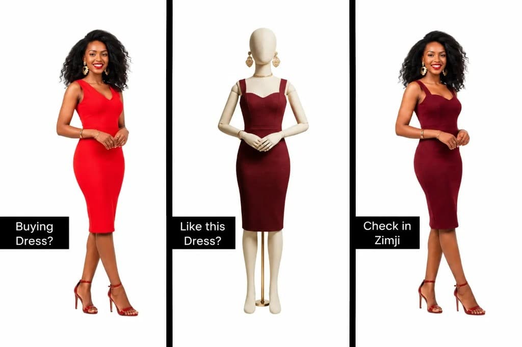 AI outfit try-on: original look, dress reference, and zimji result