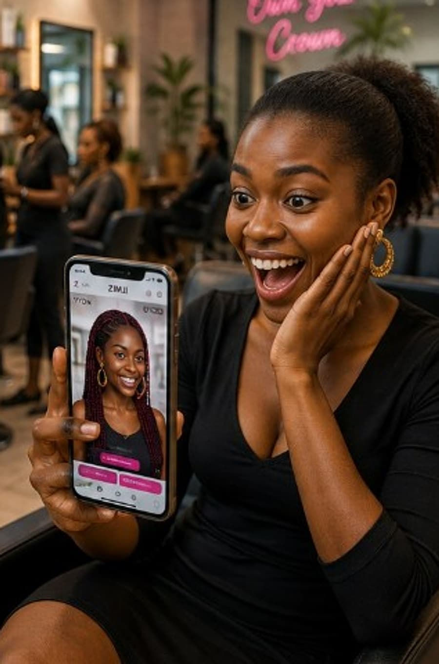 Excited customer showing zimji virtual try-on result on her phone in the salon